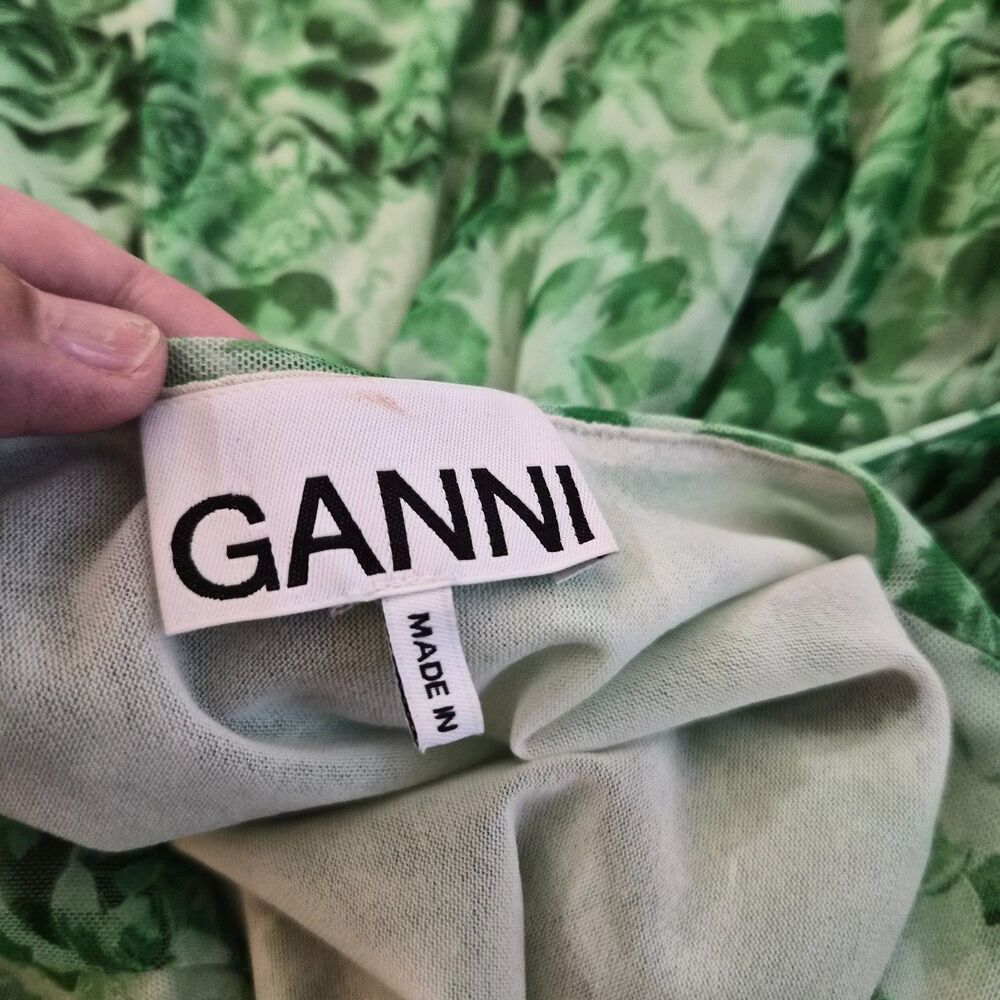 Ganni (EU 38) Island Green floral-print mesh wrap midi dress NWOT - Picture 6 of 9